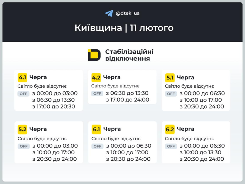 Київщина: графіки відключення світла 11 лютого 2026 року