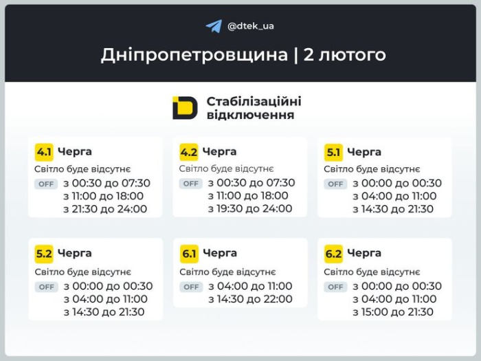 дніпровщина графіки 2 лютого