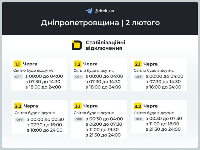 дніпровщина графіки 2 лютого
