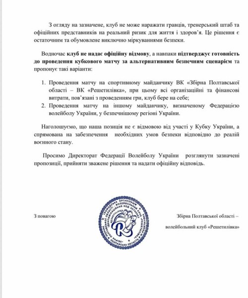 ВК Решетилівка виступив із заявою щодо скандалу в 1/4 фіналу Кубка України